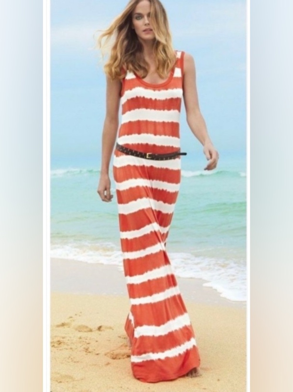 Calvin Klein Orange White Tie Dye Stripe Sleeveless Jersey Knit Maxi Dress M - Picture 2 of 5